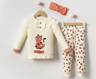 9-24 Ay Kız Bebek Takımı | Saf Pamuk Kedi Baskılı ve Bandanalı Set