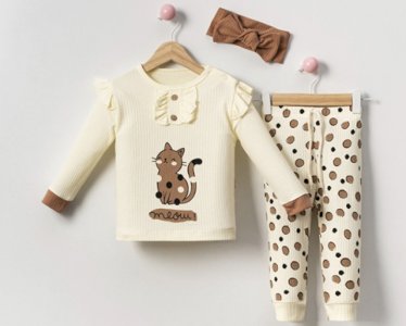 9-24 Ay Kız Bebek Takımı | Saf Pamuk Kedi Baskılı ve Bandanalı Set