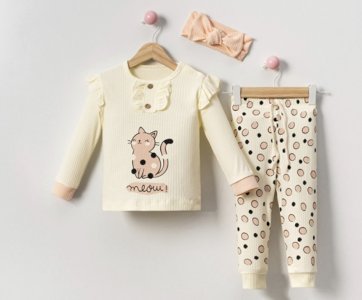 9-24 Ay Kız Bebek Takımı | Saf Pamuk Kedi Baskılı ve Bandanalı Set