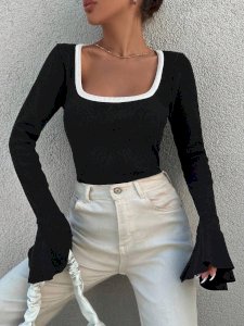 Kare Yaka Garni Detay İspanyol Kol Kaşkorse Bluz