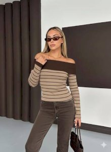 Çizgili Madonna Yaka Bluz